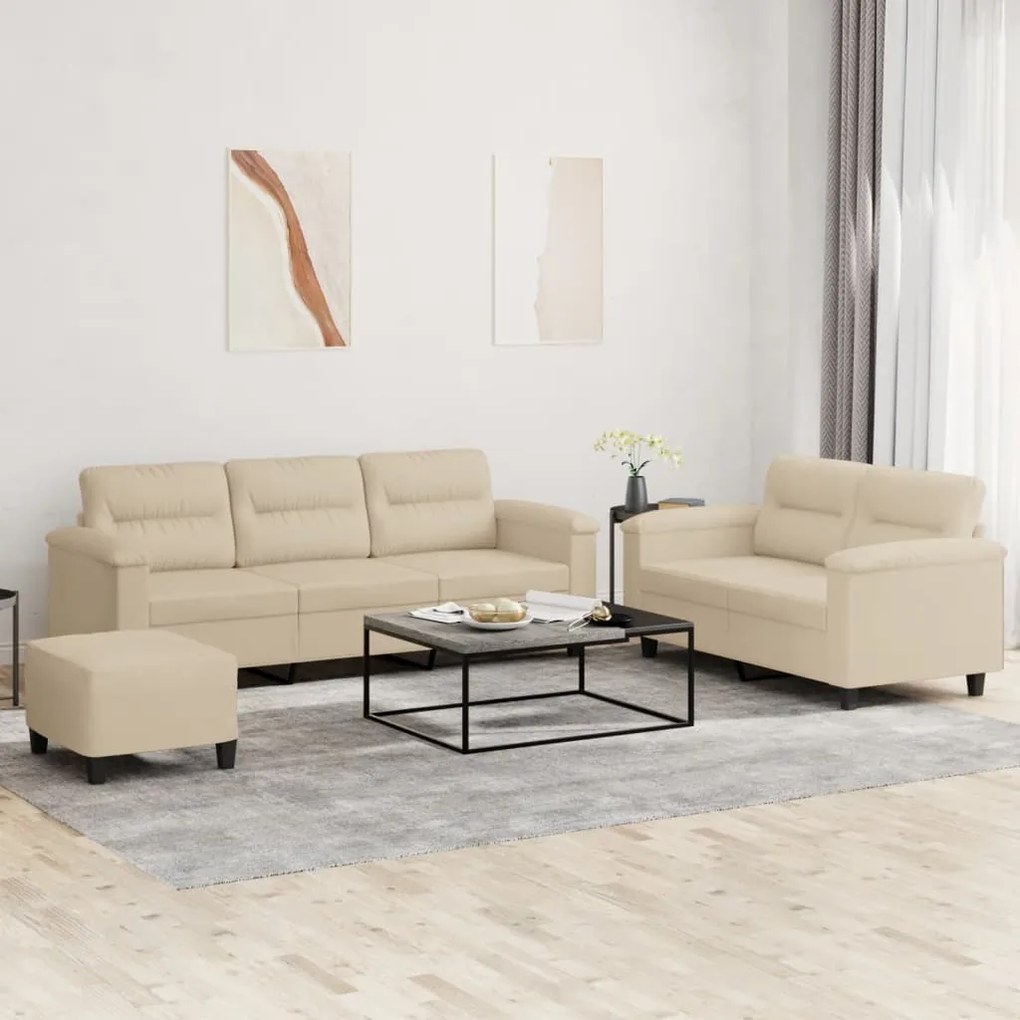 Set Divani 3 Pz Con Cuscini Crema İn Tessuto Microfibra /