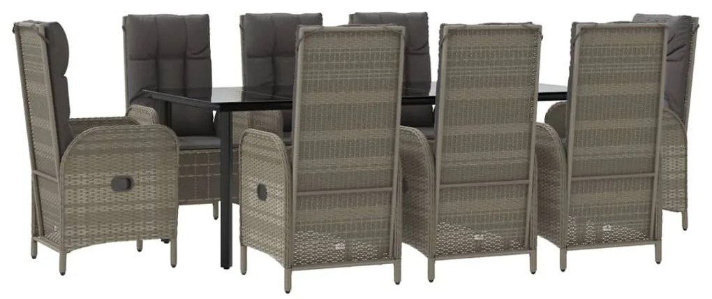 Set da pranzo giardino 9pz con cuscini nero e grigio polyrattan