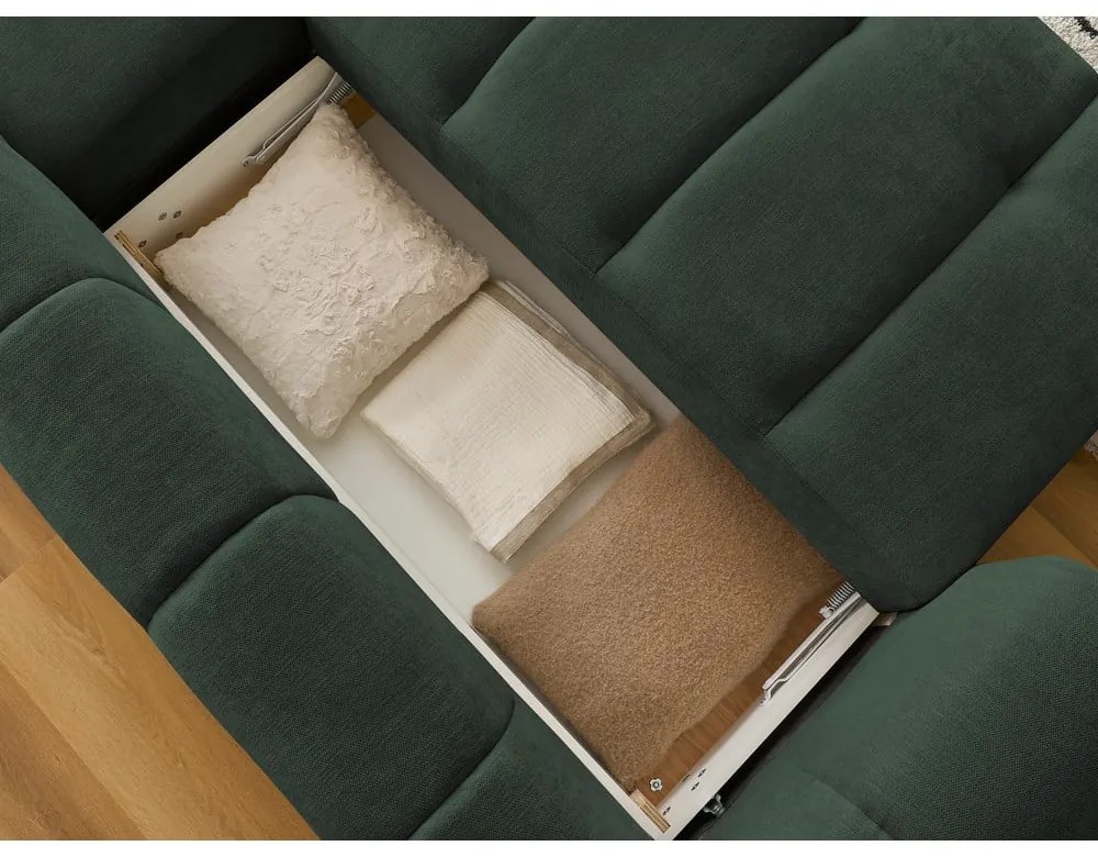 Divano angolare verde allungabile e con contenitore (penisola a destra/chaise lounge) con rivestimento in ciniglia Fuji – Bobochic Paris