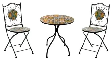 Set Bistrot Tavolo Maioliche Tondo 60 Cm Con 2 Sedie Pieghevoli Kos