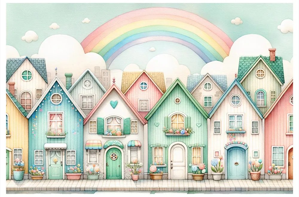 Quadro su tela – Casette pastello con arcobaleno