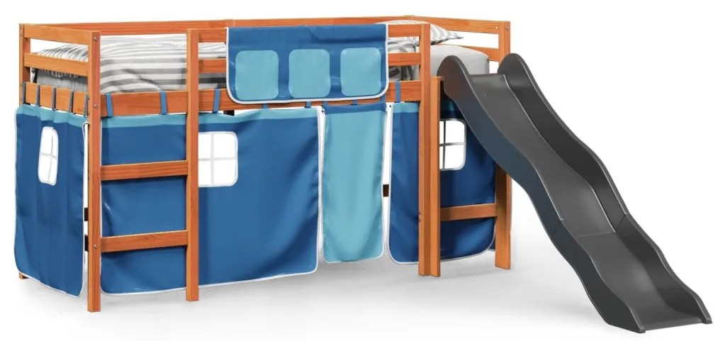 Letto a soppalco con tende bambini blu 90x200 cm massello pino