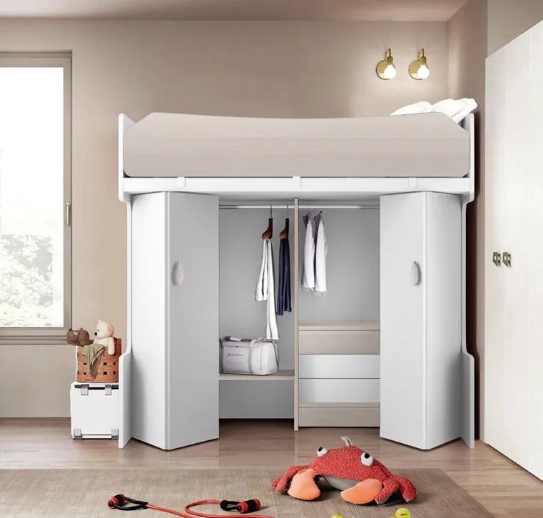 Letto a castello con armadio inferiore in finitura Bianco Opaco e Ciliegio Bianco