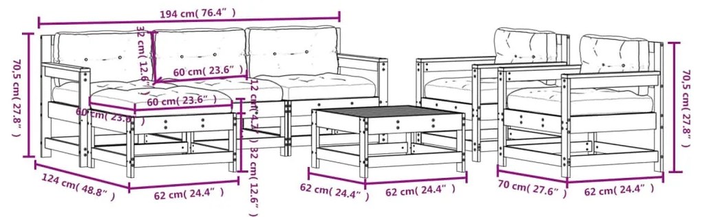 Set Divani da Giardino 7pz con Cuscini in Legno Massello Grigio