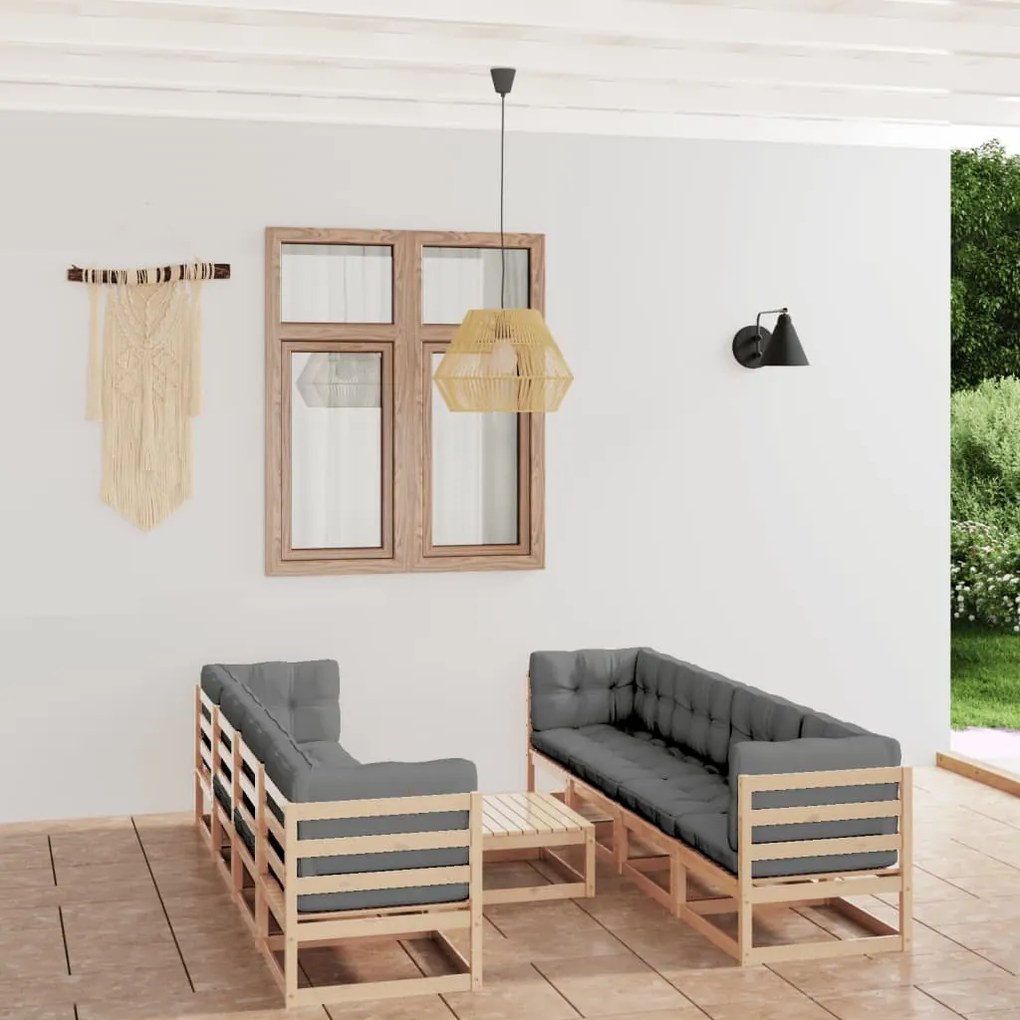 Set divani da giardino 9 pz con cuscini legno massello di pino