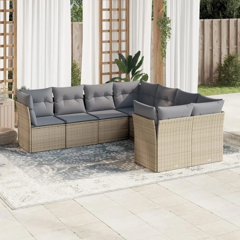 Set Divano da Giardino 8 pz con Cuscini Beige in Polyrattan