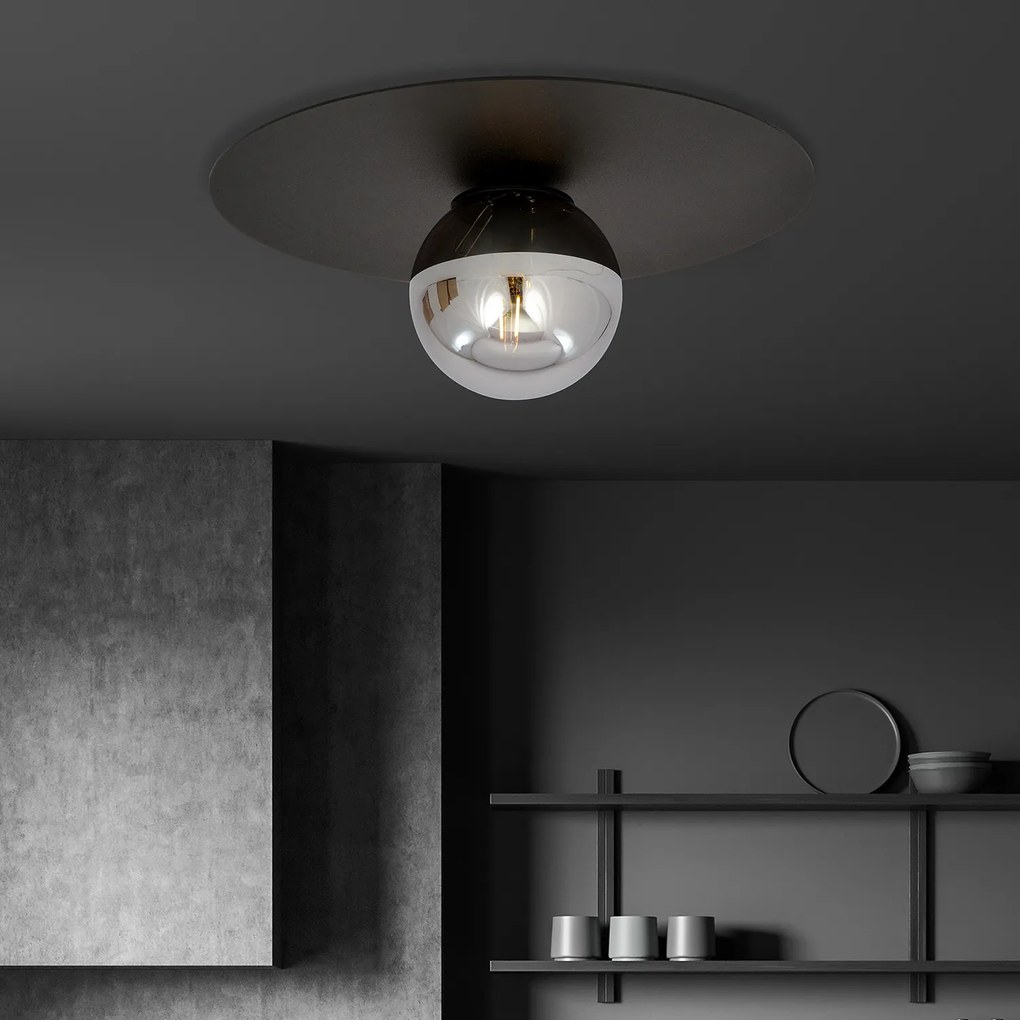 Plafoniera Minimal 1 Luce Mnemosine In Acciaio Nero E Sfera Di Vetro Fumè