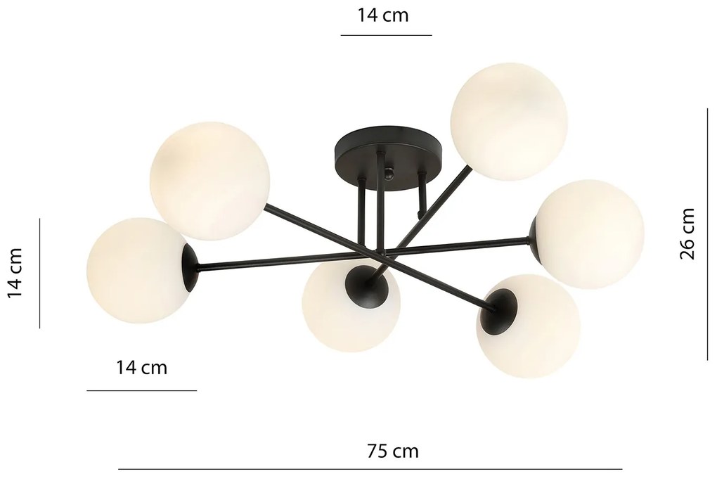 Plafoniera Moderna Morrigan 6 Luci In Acciao Nero E Sfere In Vetro Bianco