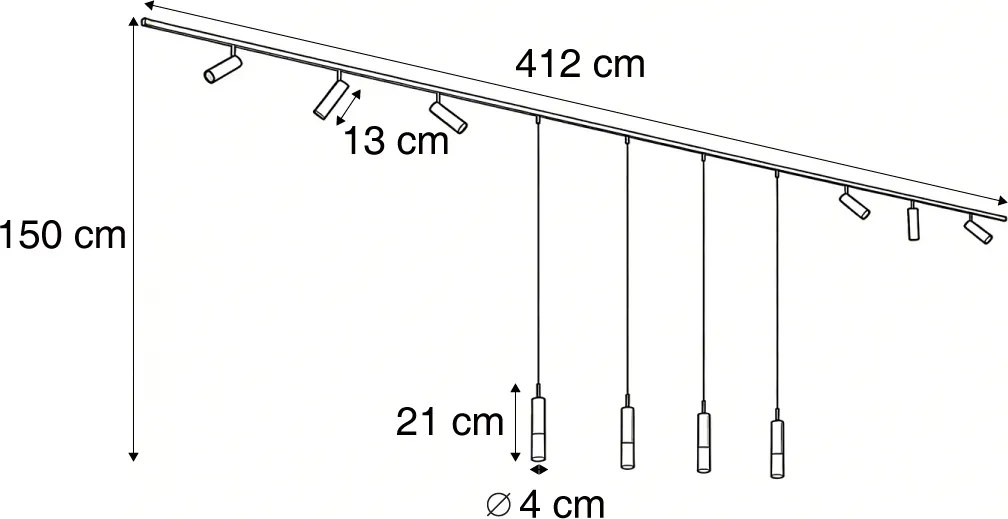 Sistema di illuminazione a binario moderno nero con 6 faretti e 4 luci a sospensione bronzo scuro 1 fase - Slimline Uzzy Loyce
