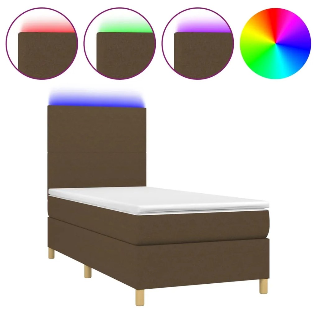 Letto a molle materasso e led marrone scuro 90x200cm in tessuto
