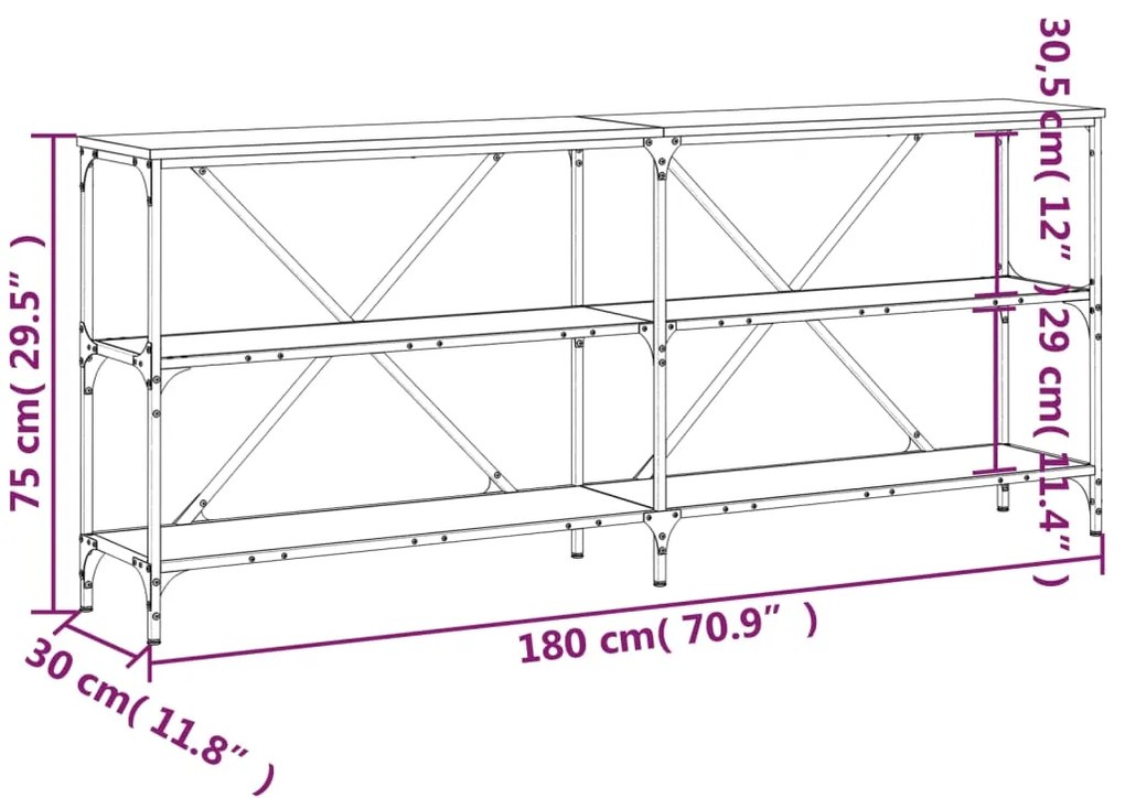 Tavolino Grigio Sonoma 180x30x75cm in Legno Multistrato e Ferro