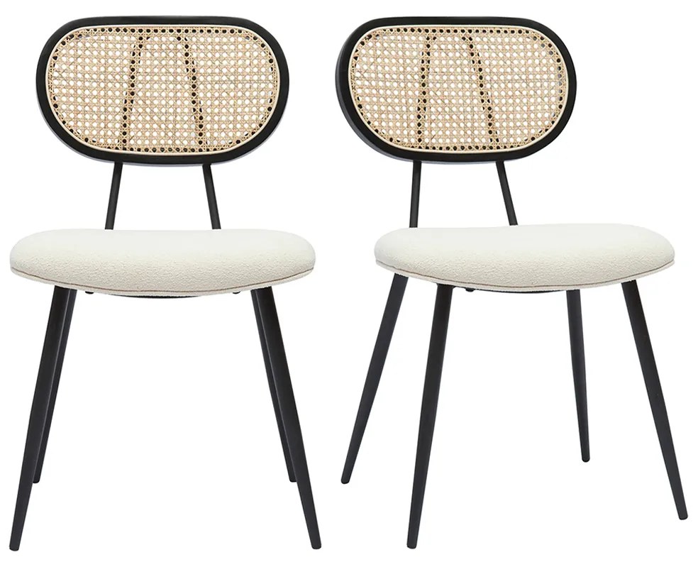 Sedie design in tessuto effetto lana bouclé bianco crema, metallo nero e motivo a intreccio rattan naturale (set di 2) TOLMA