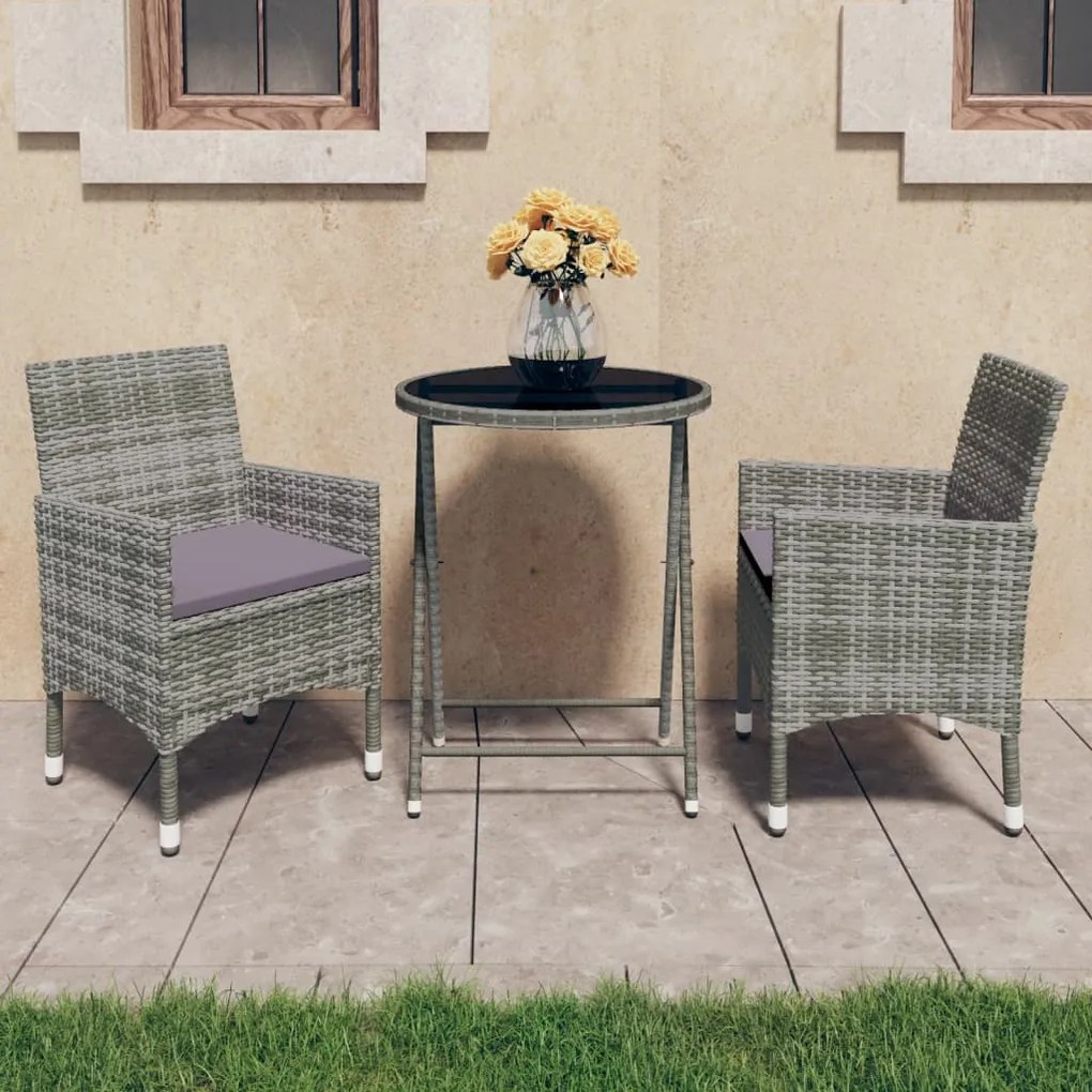 Set Bistrot Giardino 3 Pz Polyrattan E Vetro Temperato Grigio /