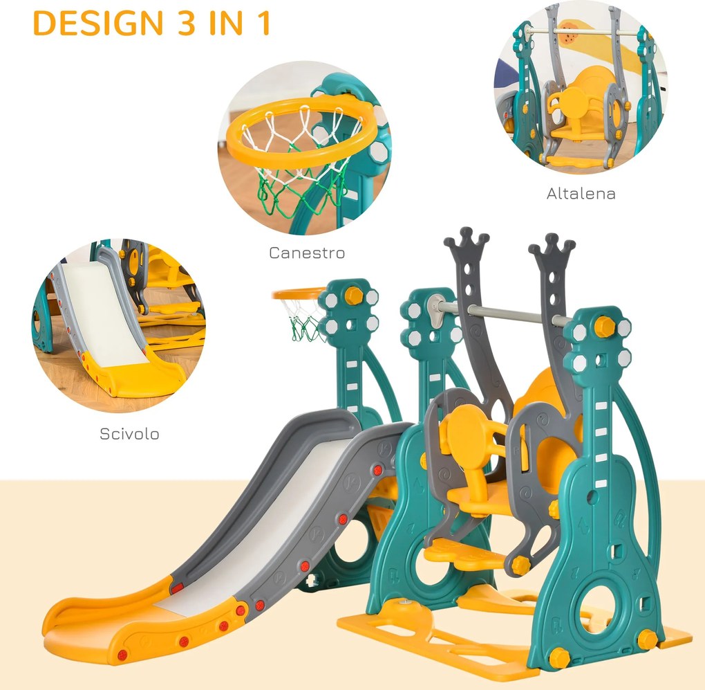 Scivolo per Bambini 152x149x107 cm con Altalena e Canestro Multicolore...