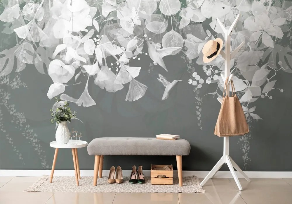 Carta da parati – Foglie Verde-Grigio con Colibrì