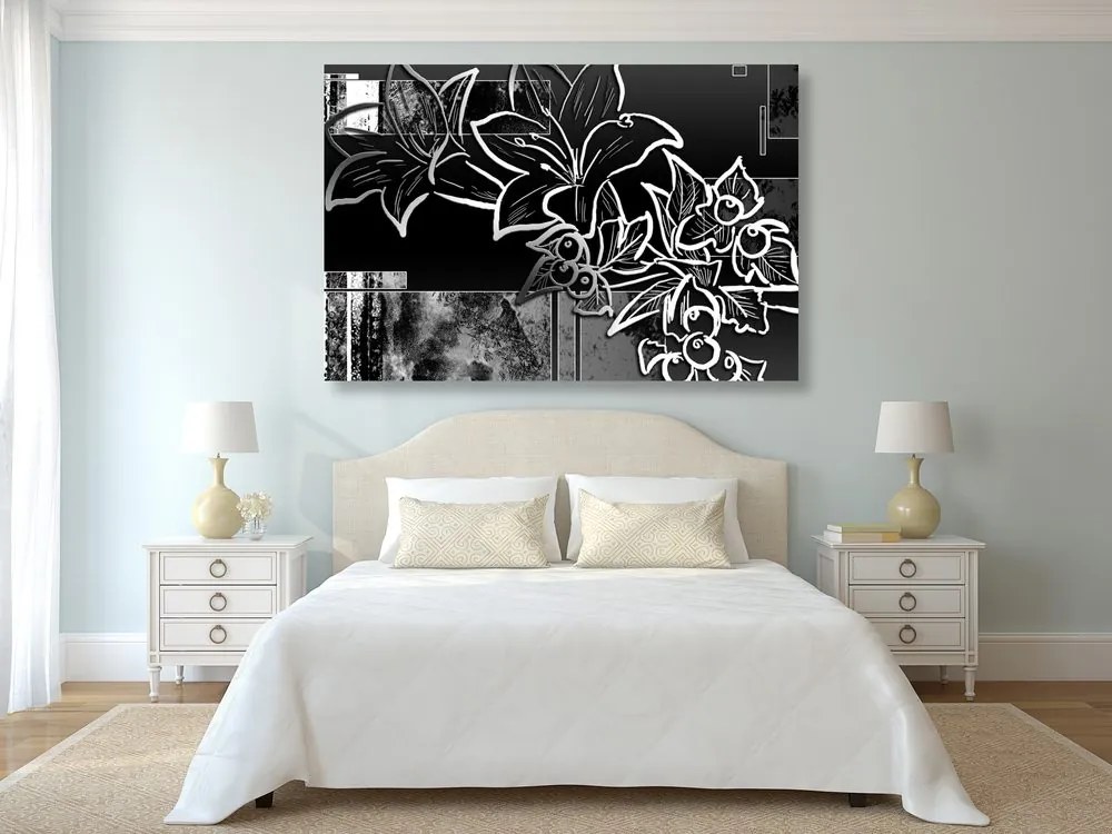 Quadro su tela – Illustrazione floreale in bianco e nero