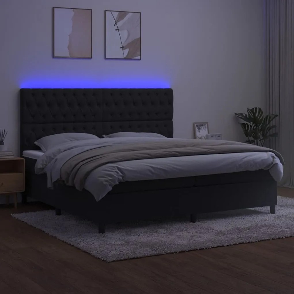 Letto a molle con materasso e led nero 200x200 cm in velluto