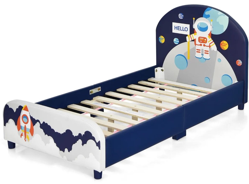 Costway Letto con testiera e pediera morbide per bambini da 2 a 6 anni, Letto singolo con piedini regolabili Blu