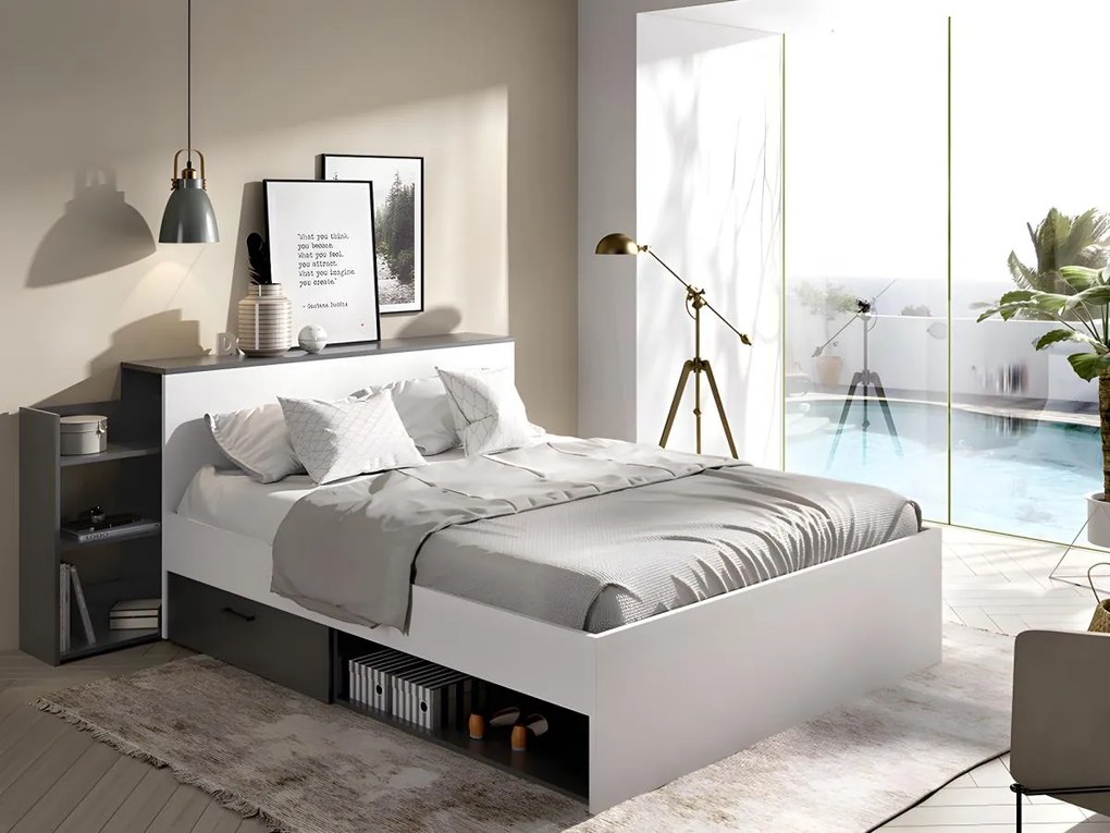 Letto con testata vani portaoggetti e cassetti 140 x 190 cm Bianco e Antracite - FLORIAN