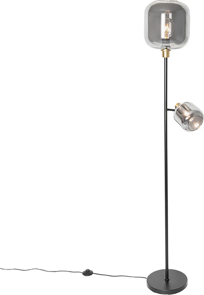 Lampada da terra nera con oro e vetro fumé 2 luci - Zuzanna