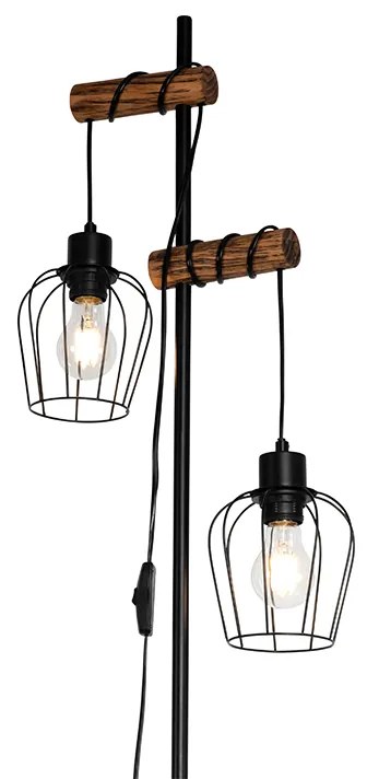 Lampada da terra rustica nera con legno 2 luci - Stronk