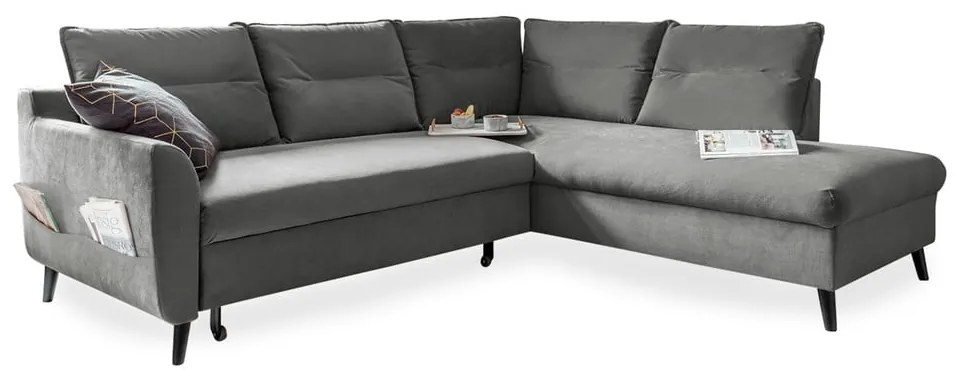 Divano letto angolare in velluto grigio chiaro L, angolo destro Stylish Stan - Miuform