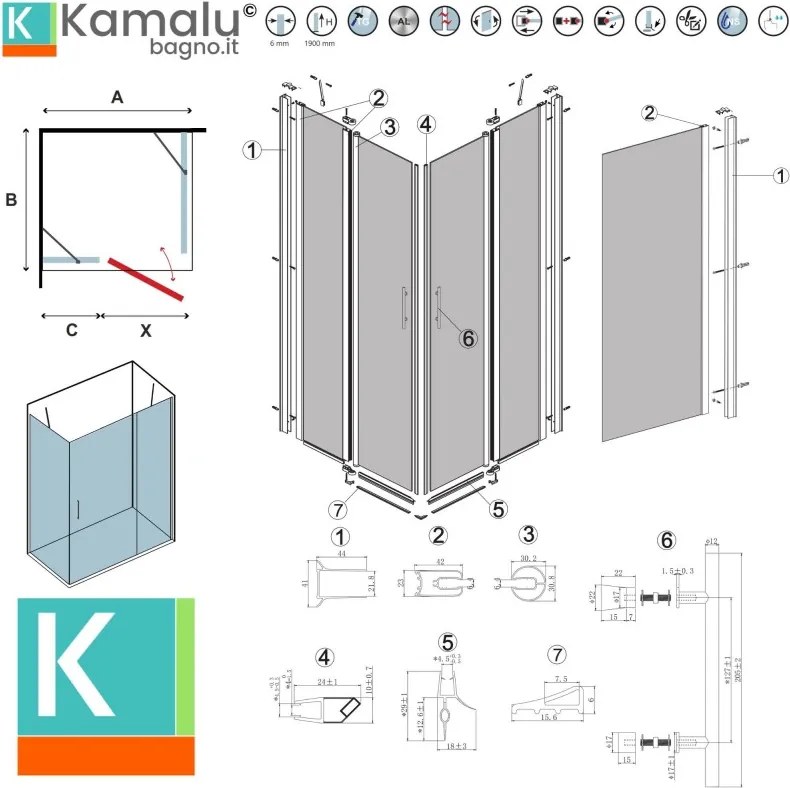 Kamalu - Cabina doccia 90x100 battente 100 e fisso 90 | KPX2800