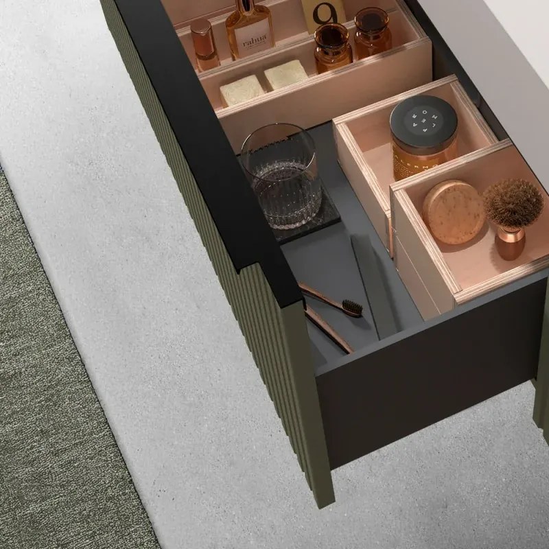Mobile bagno sospeso 80 cm verde opaco cannettato con cassetto, specchio e lavabo Nara