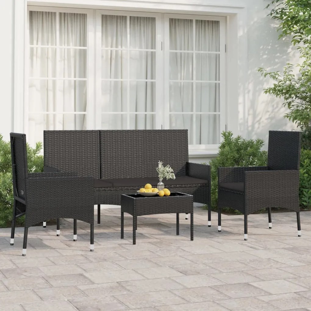 Set divani da giardino 4 pz con cuscini nero in polyrattan