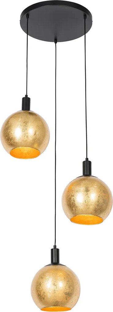 Lampada a sospensione di design nera con vetro dorato 3 luci - Bert