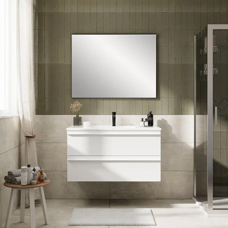 Mobile Linea L100 H55 P45  laccato bianco opaco  2 cassetti a chiusura ammortizzata e lavabo mineralmarmo bianco opaco vasca centrale