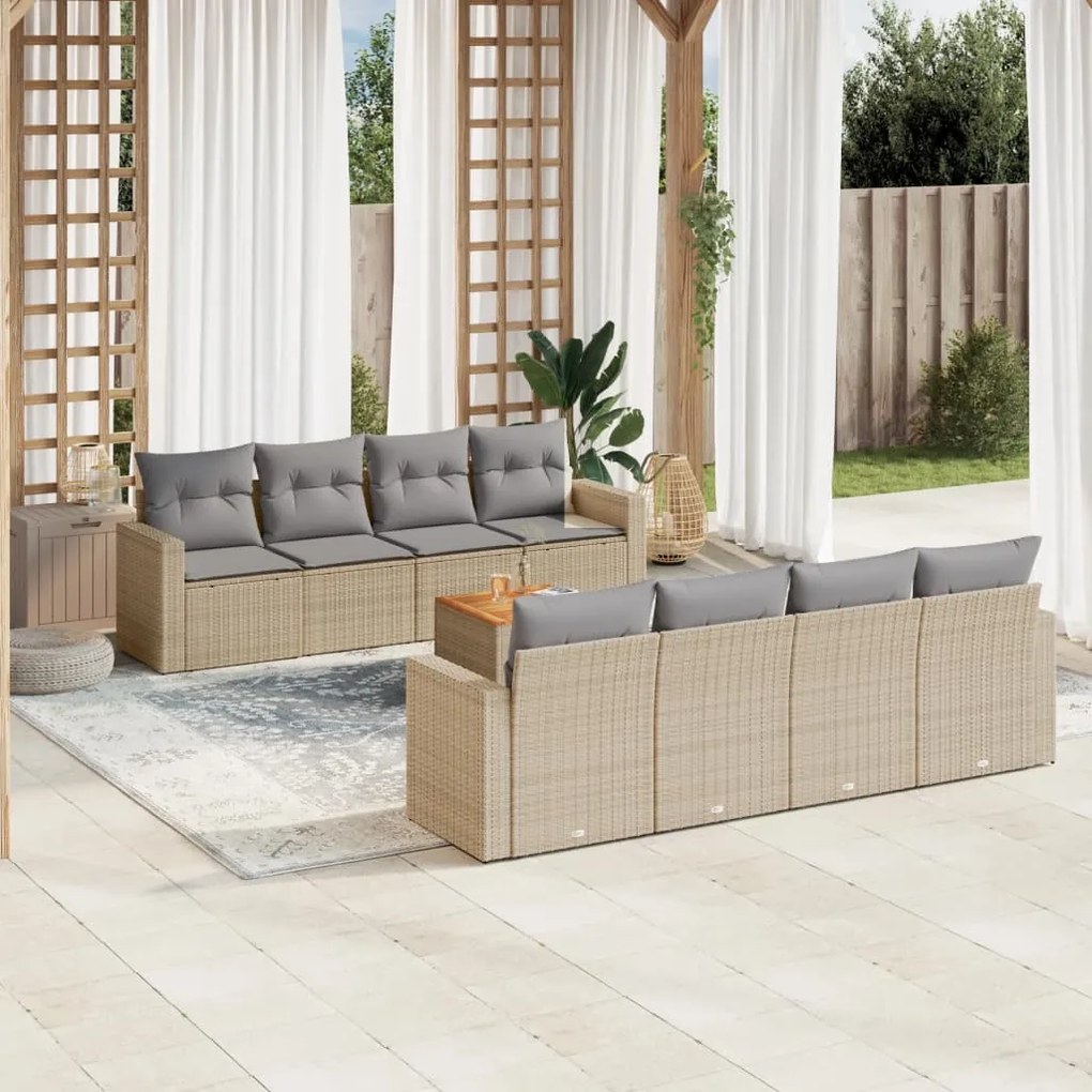 Set divano da giardino 9 pz con cuscini beige misto polyrattan