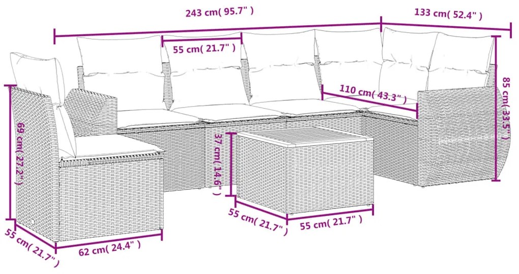 Set divani da giardino 7 pz con cuscini beige in polyrattan