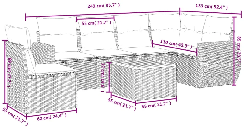 Set divani da giardino 7 pz con cuscini beige in polyrattan