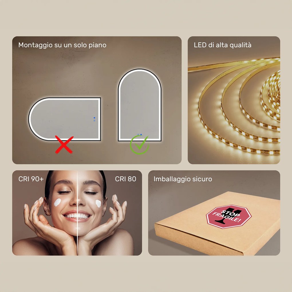 Specchio irregolare con illuminazione LED in una cornice in alluminio nero