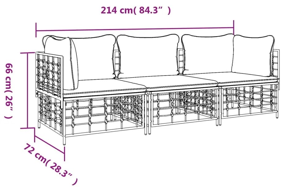 Set Divani da Giardino 3 pz con Cuscini Antracite in Polyrattan