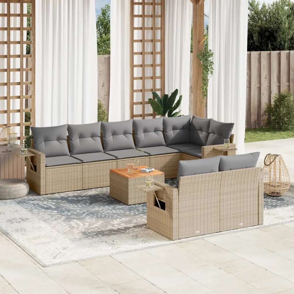 Set divano da giardino 9 pz con cuscini beige misto polyrattan