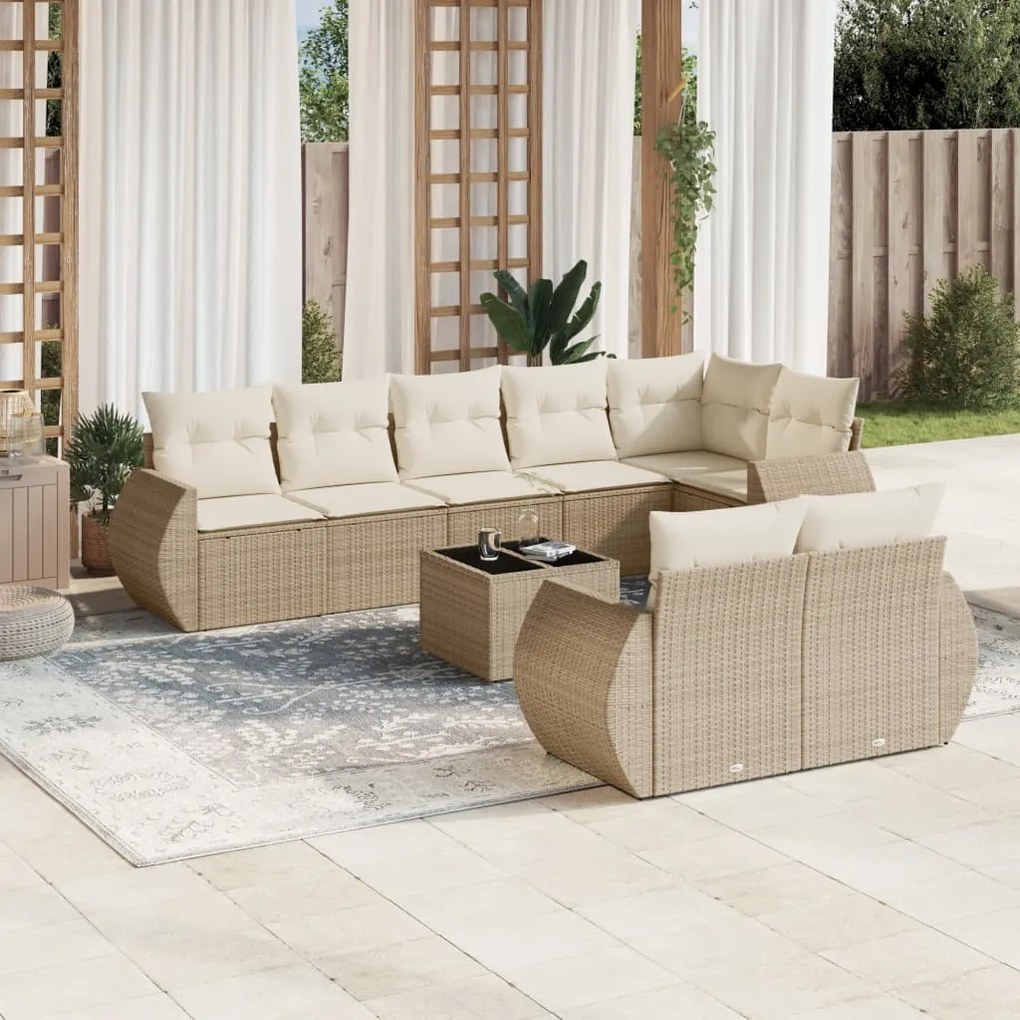 Set Divano da Giardino 9 pz con Cuscini Beige in Polyrattan