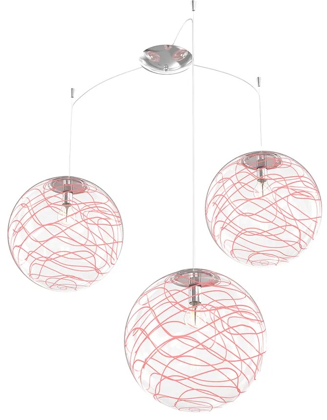 Sospensione Contemporanea Moon Metallo Cromo Vetro Rosso 3 Luci E27 D.30Cm