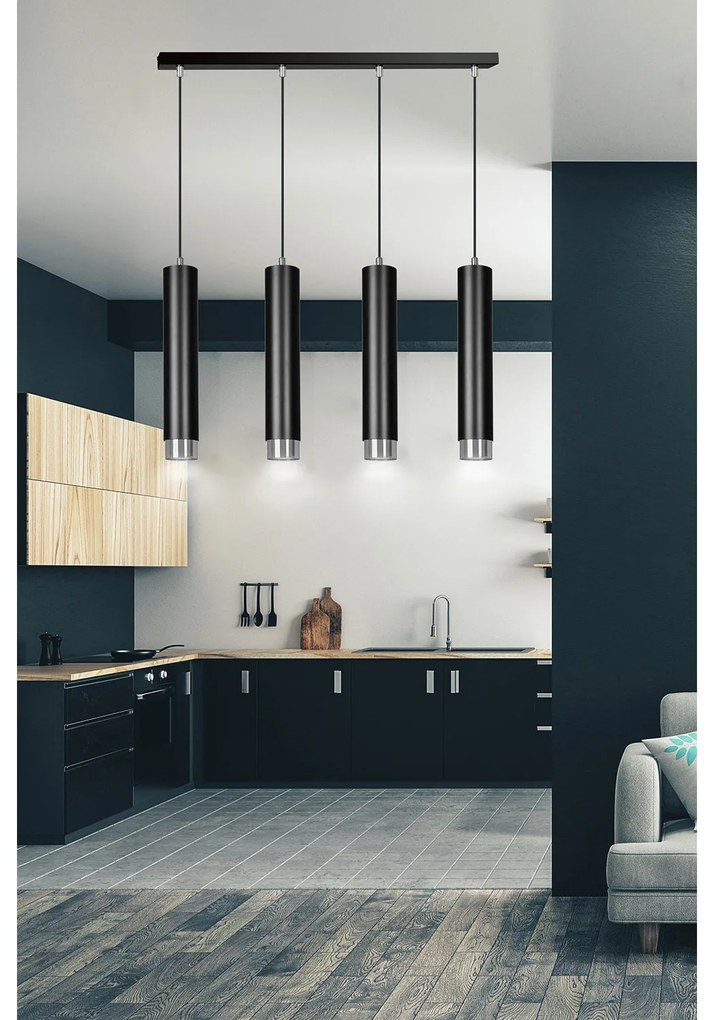 Lampadario 4 Luci Brunilde In Acciaio Nero E Tubolari In Nero E Cromo