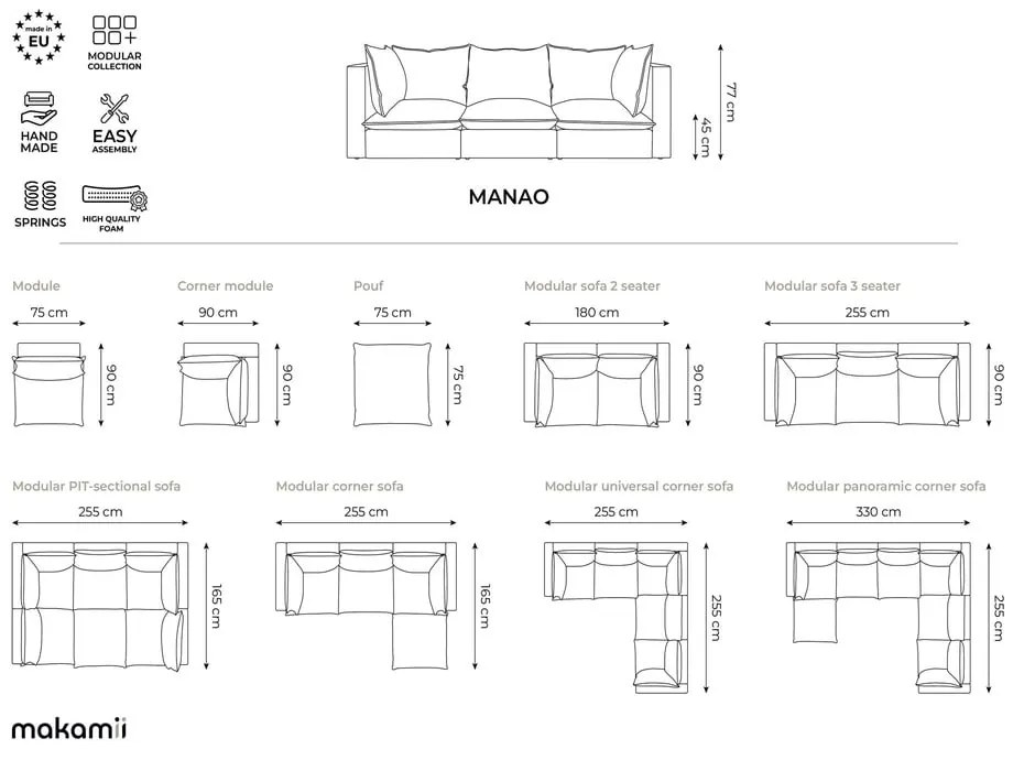 Divano angolare grigio chiaro (con penisola a destra/con chaise lounge) Manao – Makamii