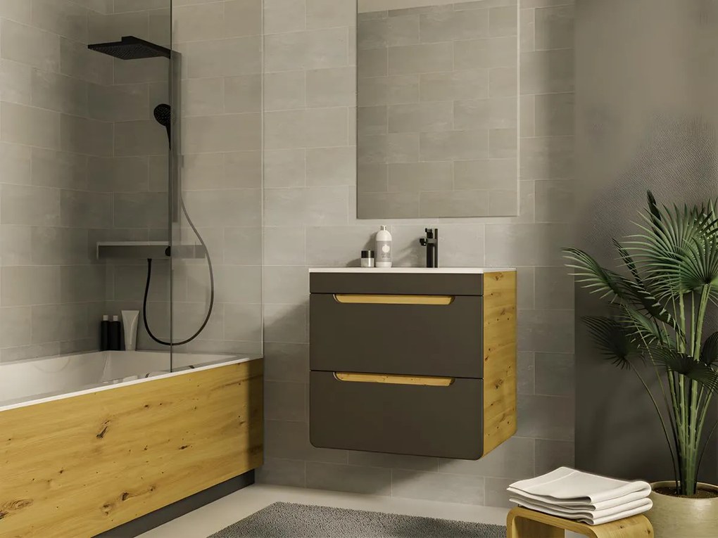 Mobile per bagno sospeso con lavabo da incasso Naturale e Antracite 60 cm - ARUBA