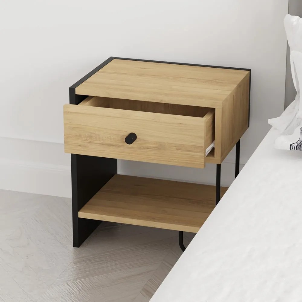 Comodino in rovere nero/naturale con ripiani Saturne - Marckeric