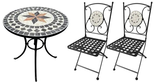 Set tavolo rotondo 60 cm in mosaico di ceramica + 2 sedie pieghevoli in acciaio