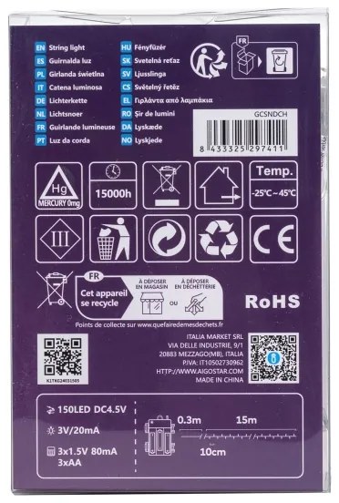 Aigostar -Catena LED natalizia da esterno 150xLED/8 funzioni 3xAA 15,3m IP44 bianco caldo