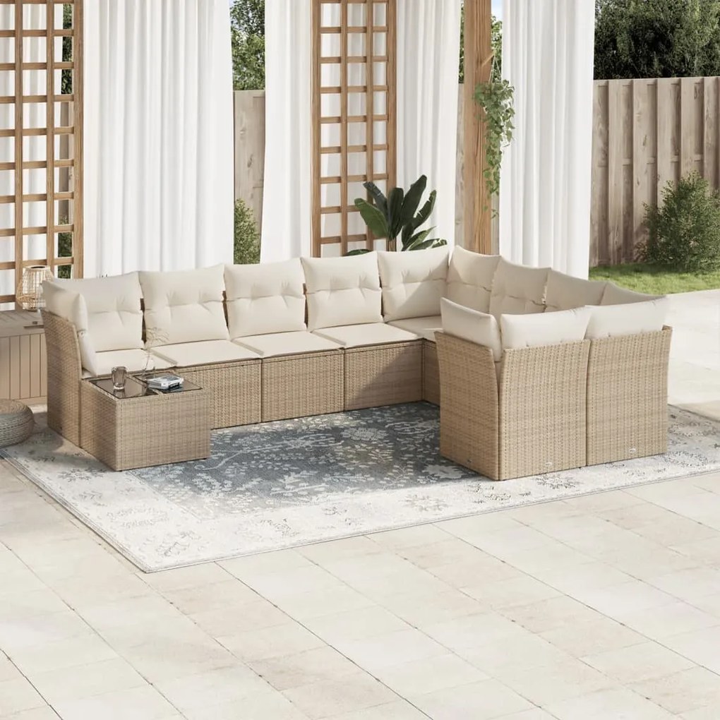 Set Divano da Giardino 10 pz con Cuscini Beige in Polyrattan