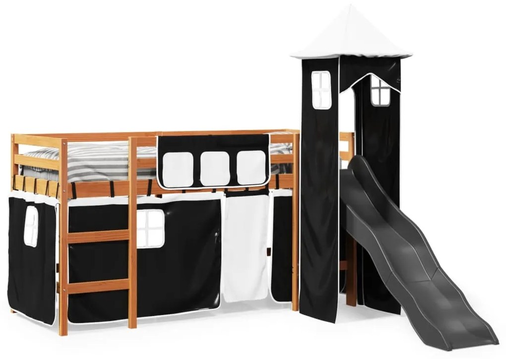 Letto a soppalco con torre bambini bianco e nero 80x200cm pino