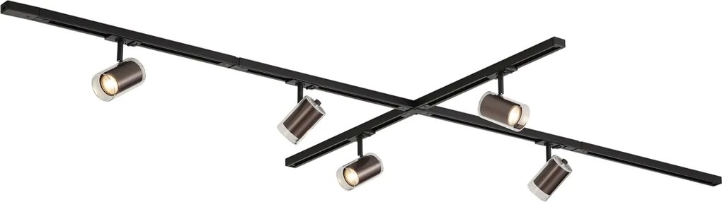 Sistema di illuminazione a binario moderno nero con 5 faretti bronzo scuro monofase - Iconic Lloyd
