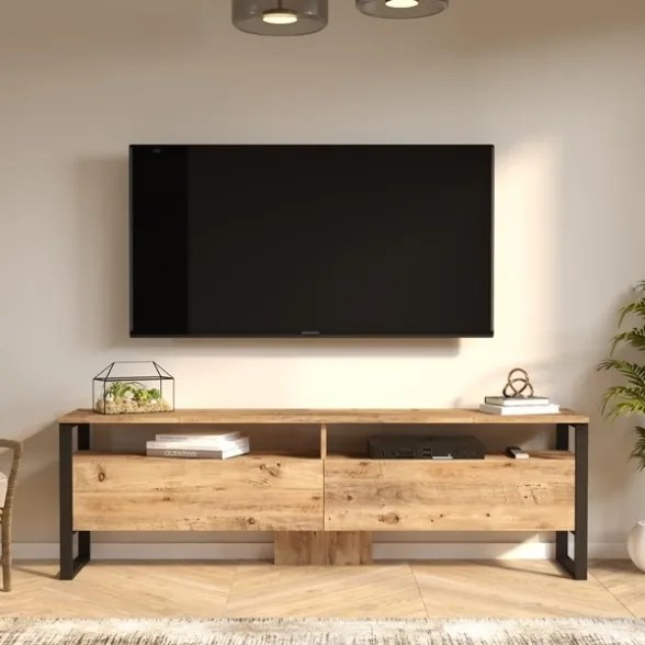 Mobile TV Industrial 180x36x56 Ferro E Legno Con Vani Mild