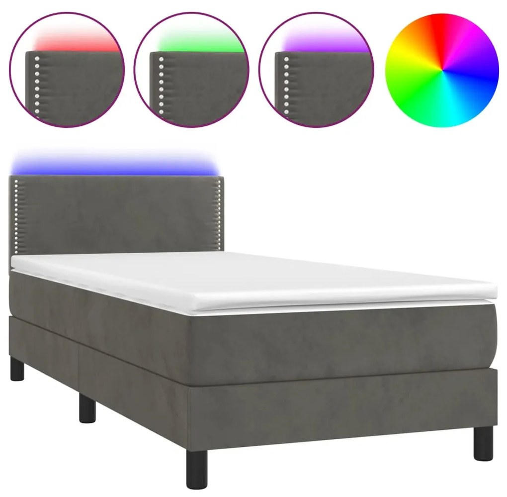 Letto a molle con materasso e led grigio scuro 90x200cm velluto